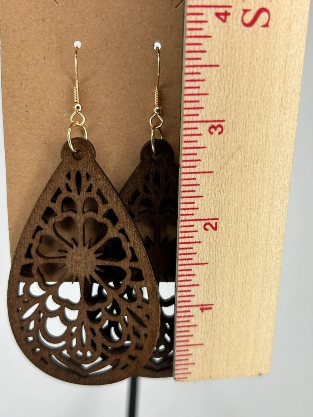 Lightweight Wooden Teardrop Filigree Earrings Brown Fashion Jewelry